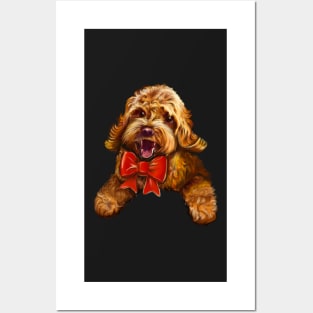 Cute Cavapoo Cavoodle puppy dog with red bow  - cavalier king charles spaniel poodle, puppy love Posters and Art